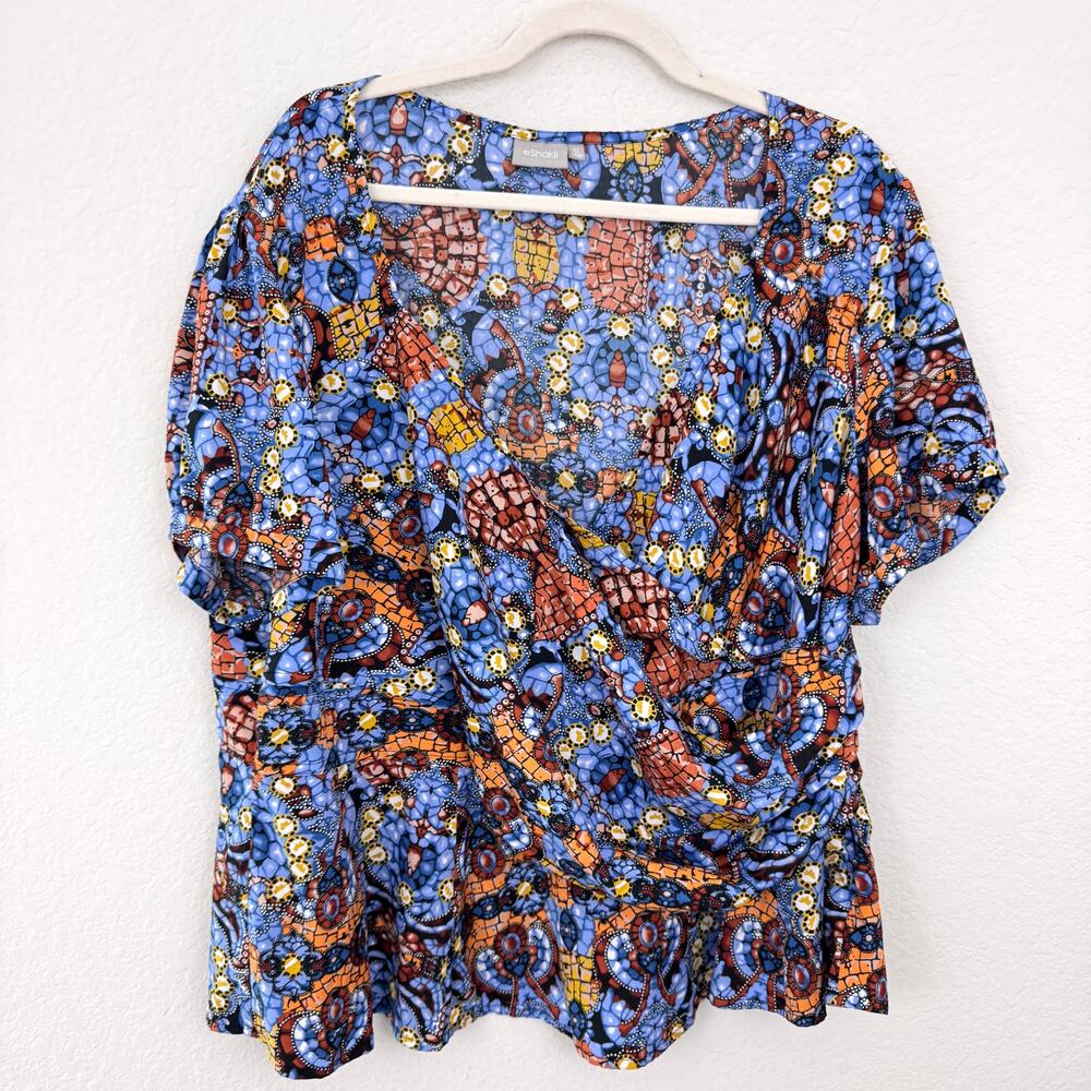 eShakti Womens Blouse Top Size 4X Surplice Gathered Flowy Short Sleeve Blue